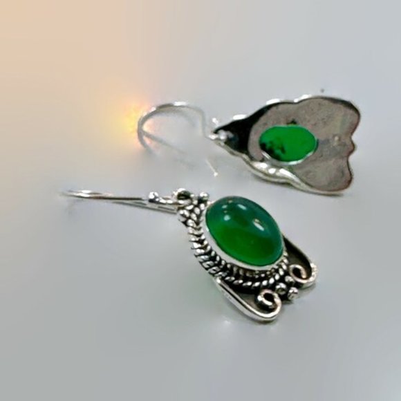 Green Onyx Earrings, Sterling Silver, Pierced, Dangles, Green Stone, Artisan - Picture 3 of 4